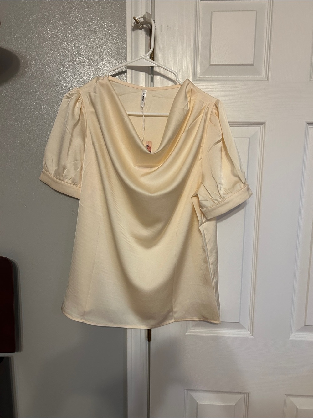 Draped Neck Short Sleeve Satin Blouse in Cream